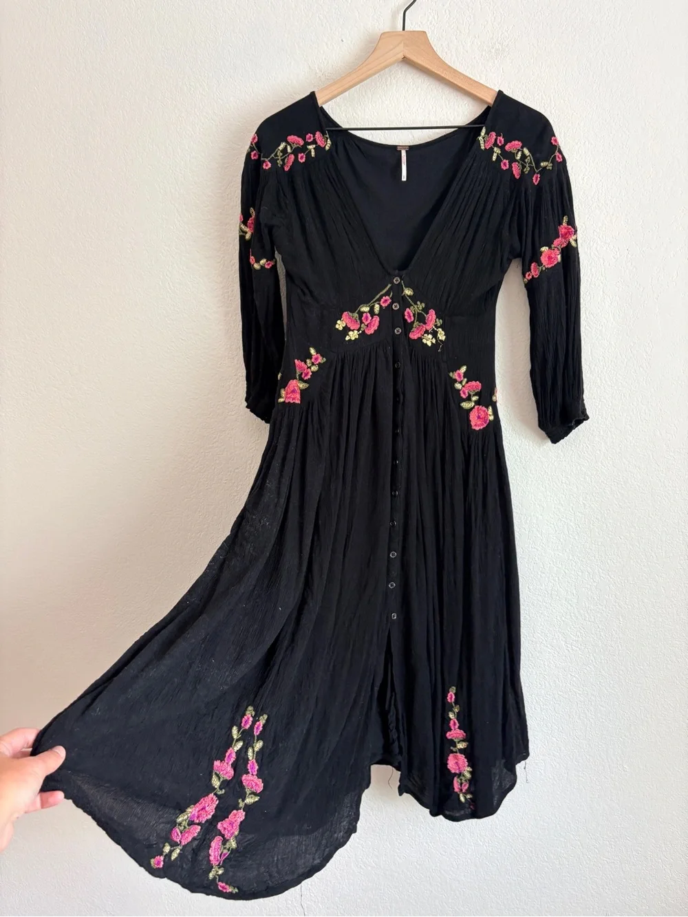 Free People Day Flow Black Floral Embroidered Midi Dress